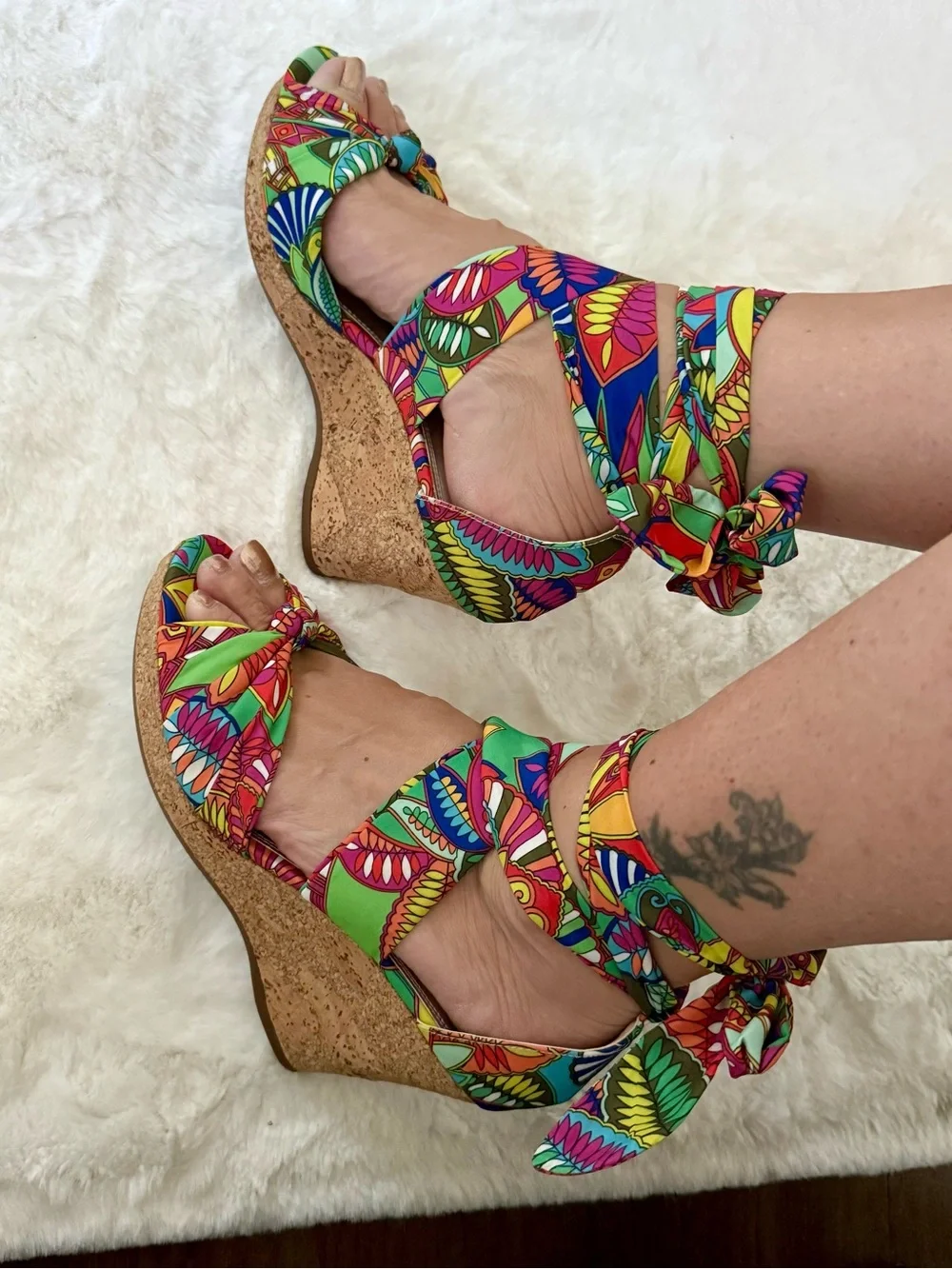 Colorful Tie-Wrap Cork Wedge Sandals - Women's Green Multicolor